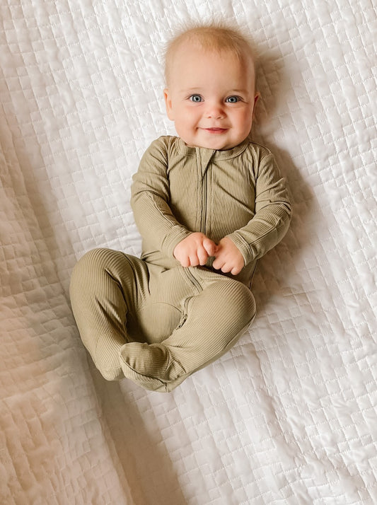 Stretchy Ribbed Bamboo Footie - Olive