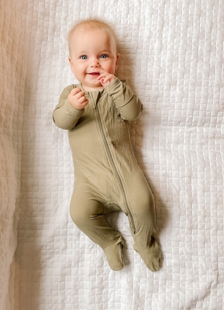 Stretchy Ribbed Bamboo Footie - Olive