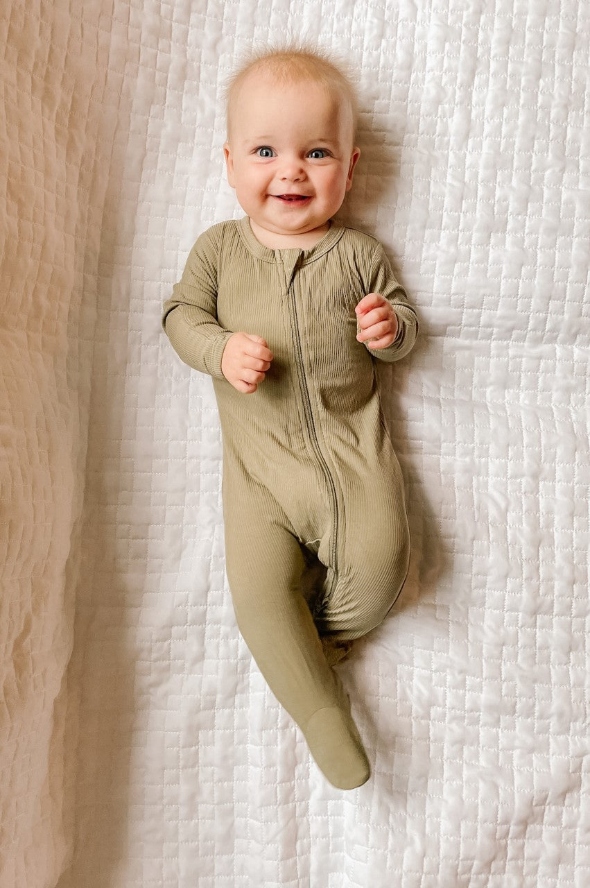 Stretchy Ribbed Bamboo Footie - Olive