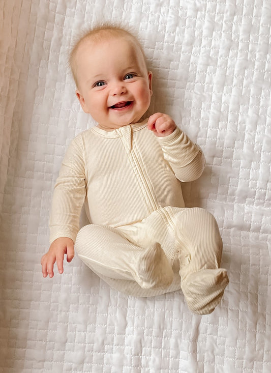 Stretchy Ribbed Bamboo Footie - Cream